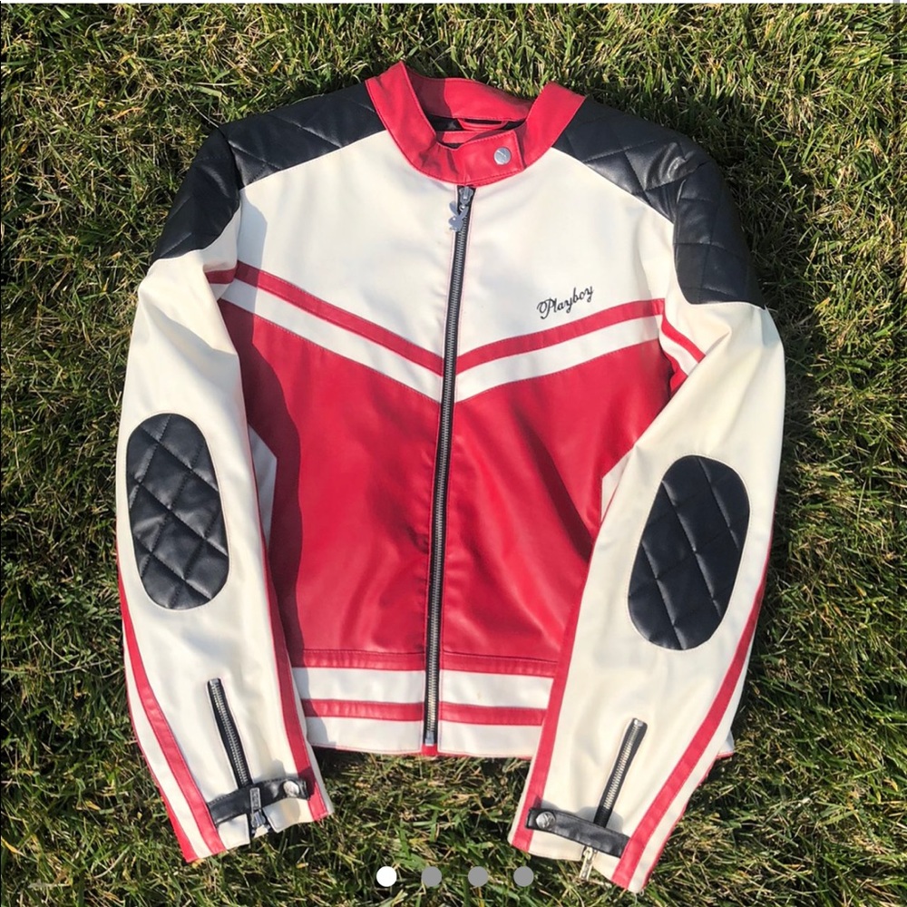 Playboy red and white black leather jacket